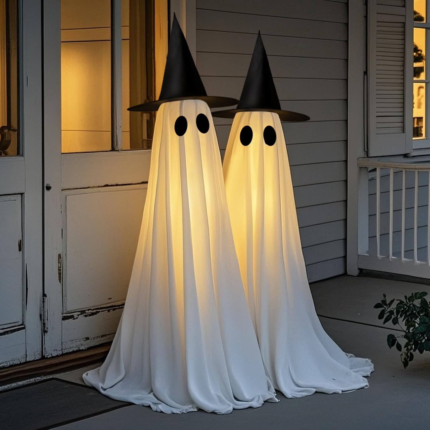 2 Packs Halloween Decorations Outdoor, 5 FT USB Powered Ghost Decor Kit with Remote Controlled String Lights, Easy Assemble Ghosts Halloween Decorations for Front Door Porch Yard